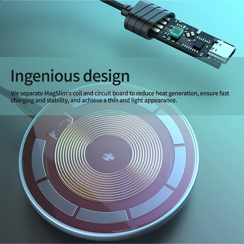 MagSlim magnetic wireless charger NKT06 in Black on a desk with a phone placed on it