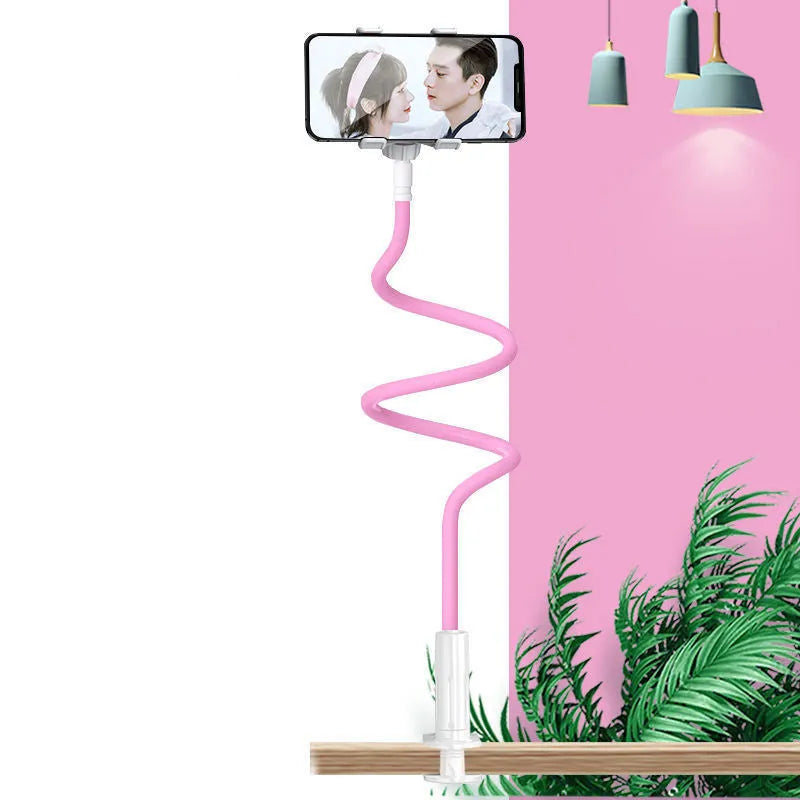 Blue memory alloy flexible hose universal mobile phone holder on a bedside table
