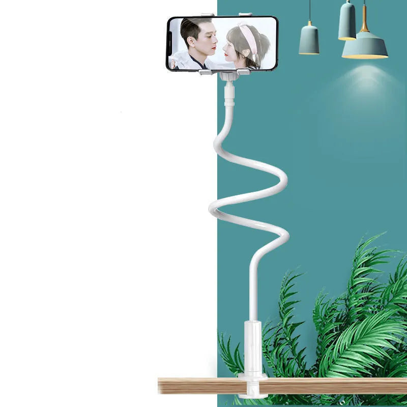 Blue memory alloy flexible hose universal mobile phone holder on a bedside table