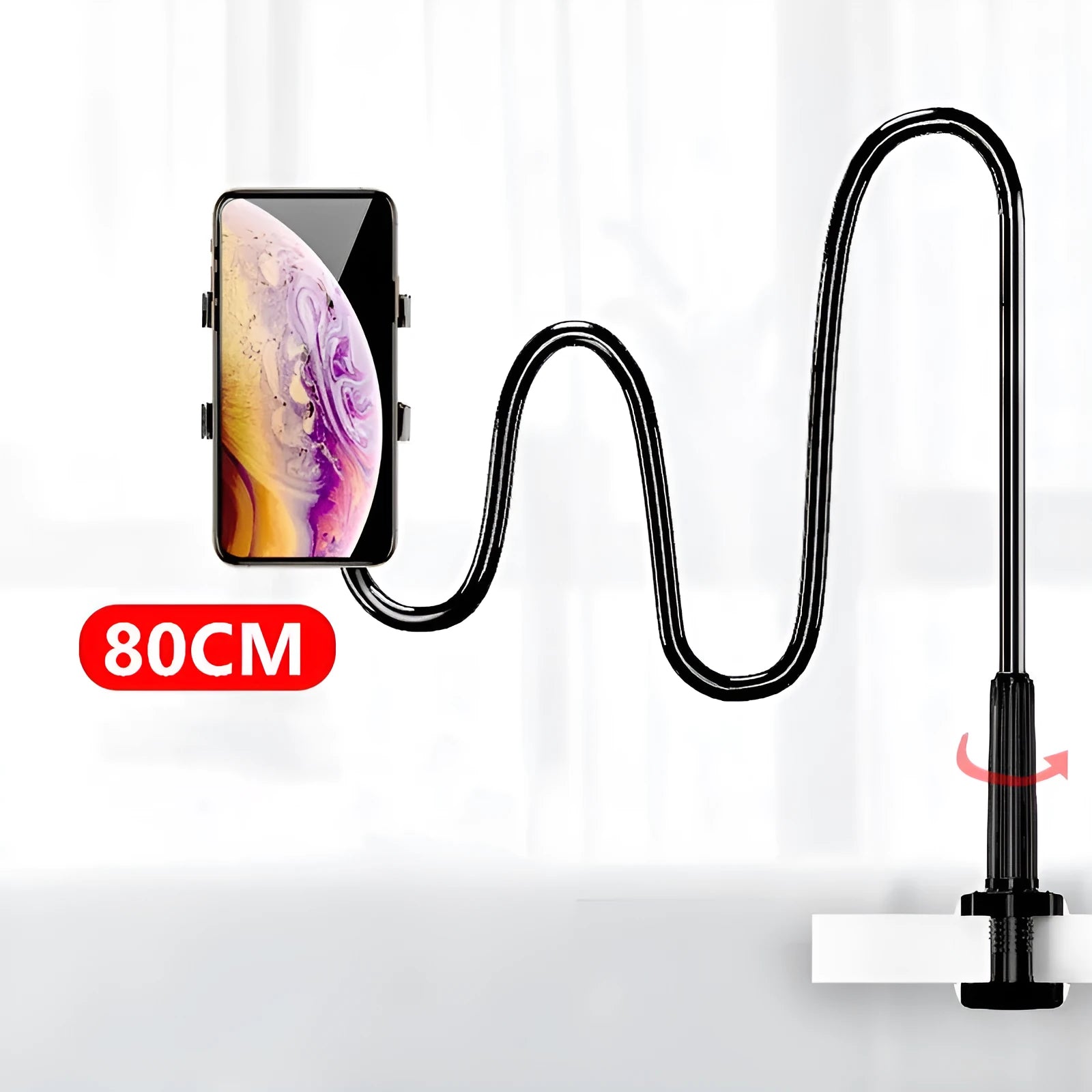 Blue memory alloy flexible hose universal mobile phone holder on a bedside table