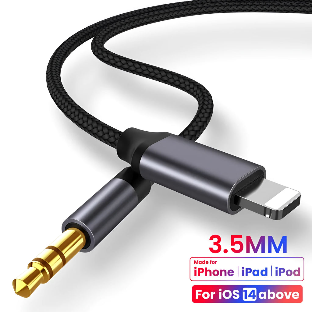 Silver 3.5mm male-to-male nylon braided aux audio cable coiled on a table with length marked as 1m