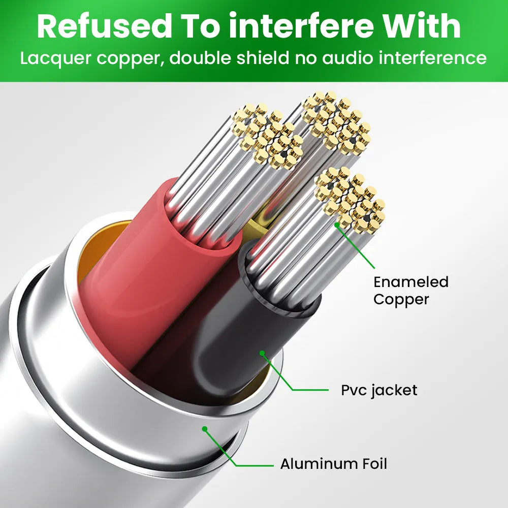 Silver 3.5mm male-to-male nylon braided aux audio cable coiled on a table with length marked as 1m