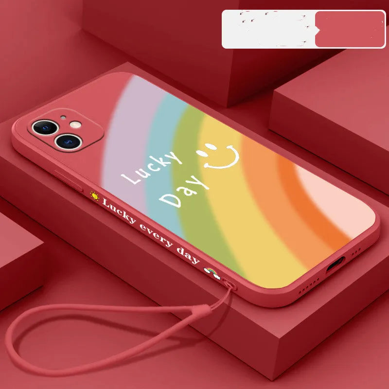Rainbow smiley silicone phone case with geometric design, back cover for iPhone