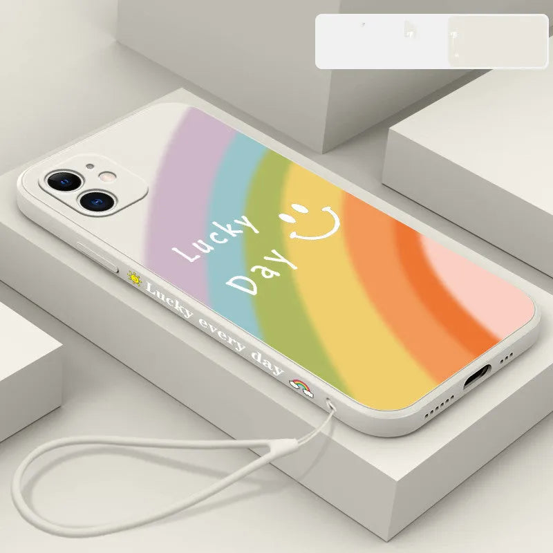 Rainbow smiley silicone phone case with geometric design, back cover for iPhone