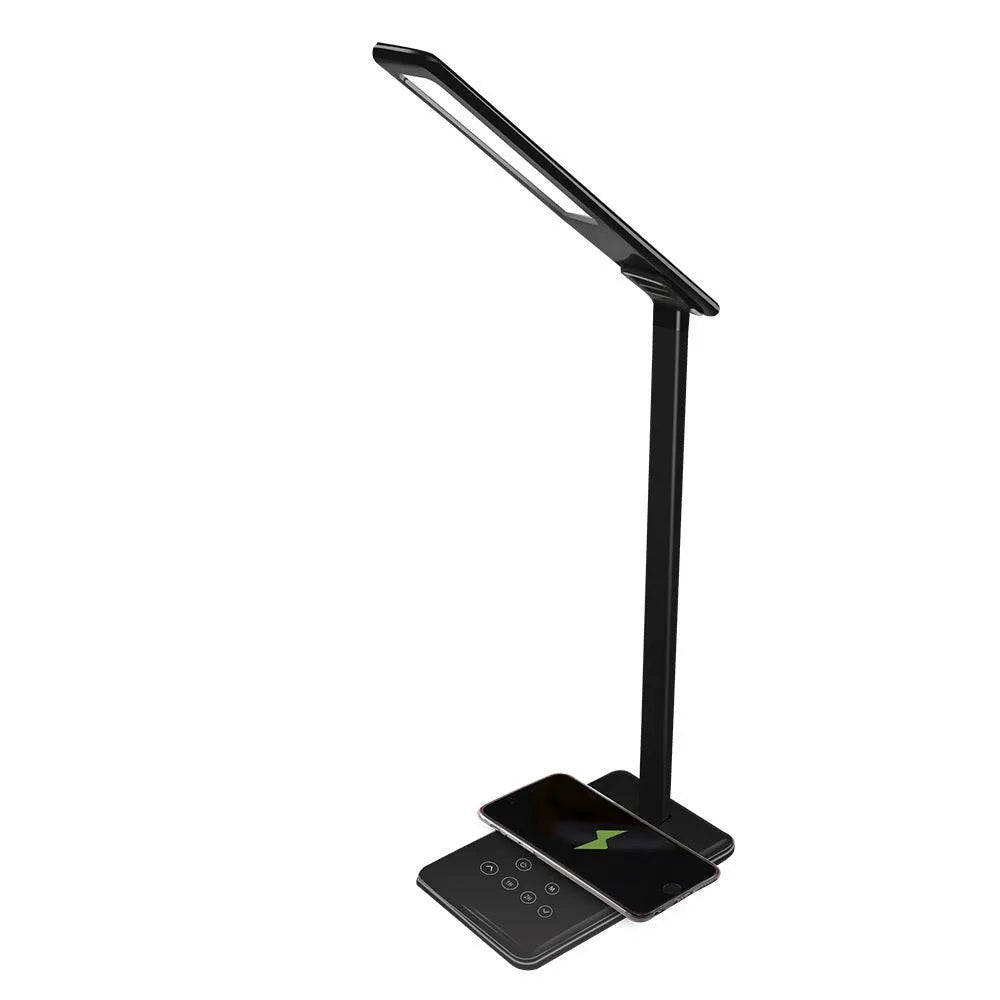 Wireless charging LED desk lamp with touch control, USB power, aluminium ABS PC shade, black or white colour