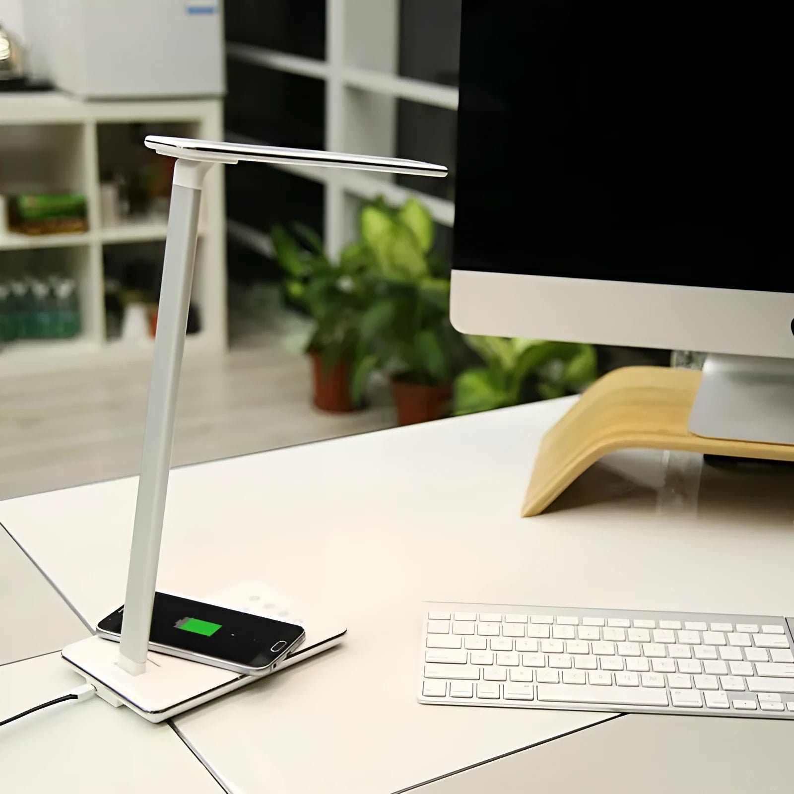 Wireless charging LED desk lamp with touch control, USB power, aluminium ABS PC shade, black or white colour