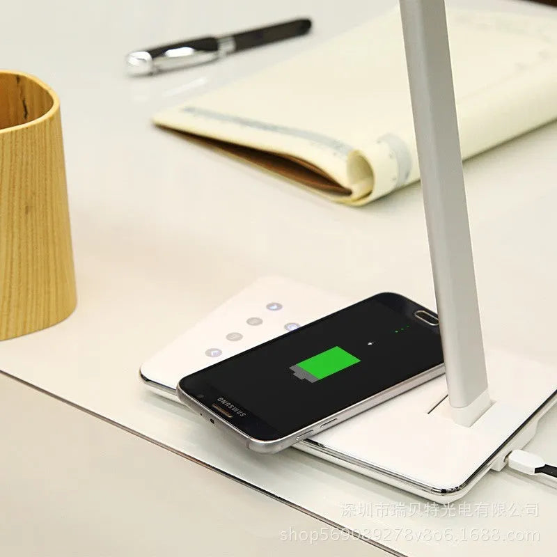 Wireless charging LED desk lamp with touch control, USB power, aluminium ABS PC shade, black or white colour