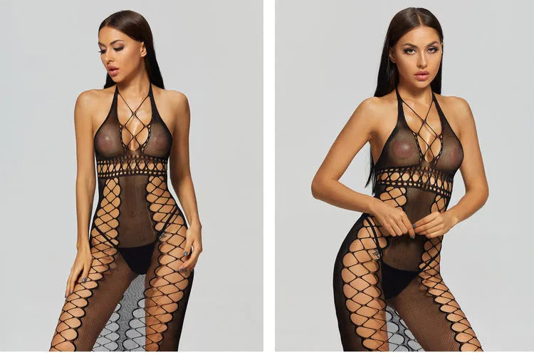 Sheer black nylon bodystocking with transparent mesh and crotch opening for women one size