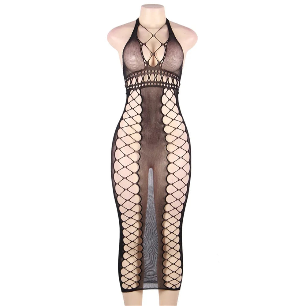 Sheer black nylon bodystocking with transparent mesh and crotch opening for women one size