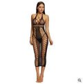 Sheer black nylon bodystocking with transparent mesh and crotch opening for women one size