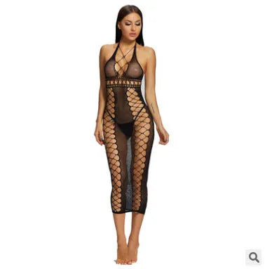 Sheer black nylon bodystocking with transparent mesh and crotch opening for women one size