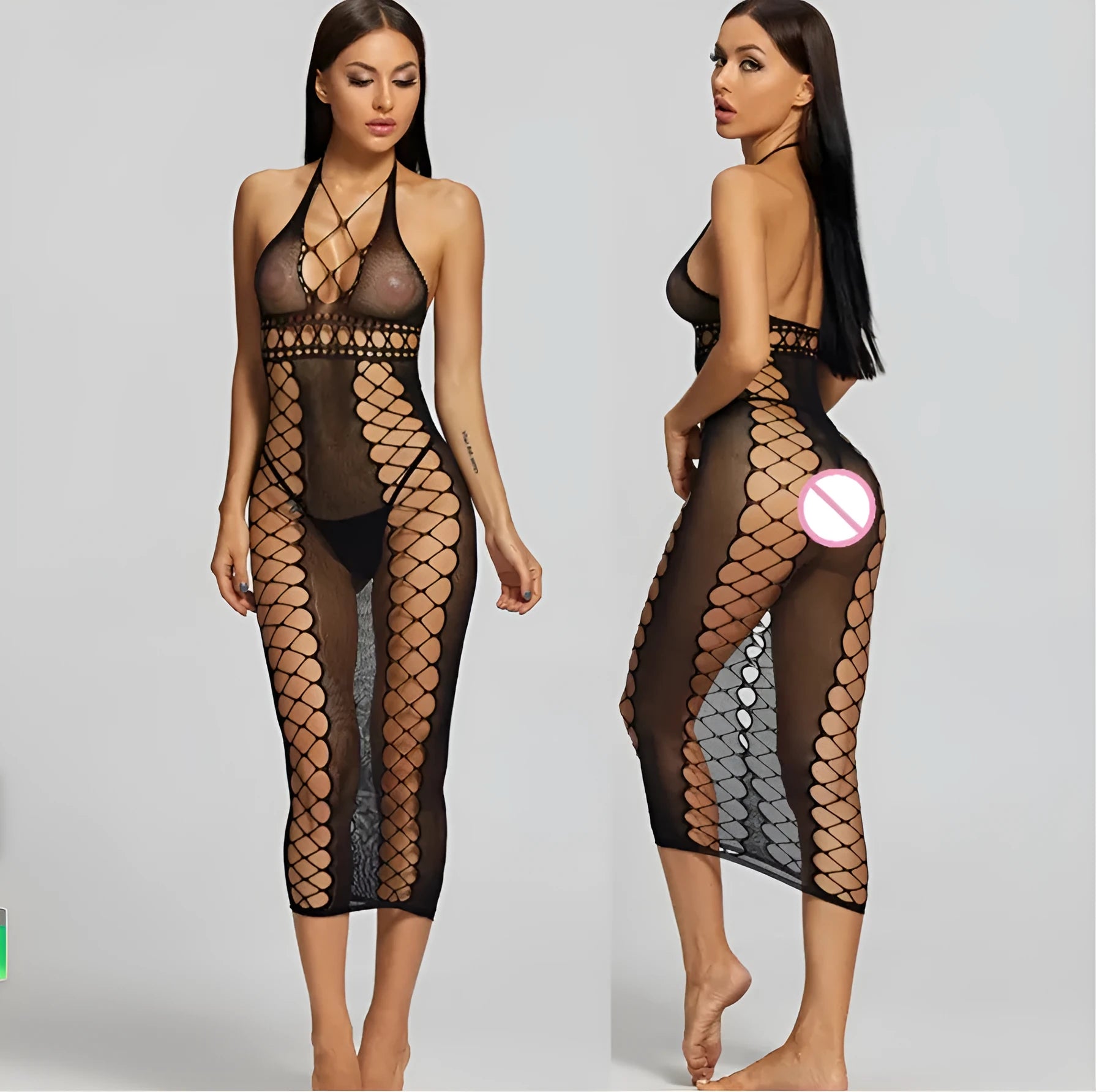 Sheer black nylon bodystocking with transparent mesh and crotch opening for women one size