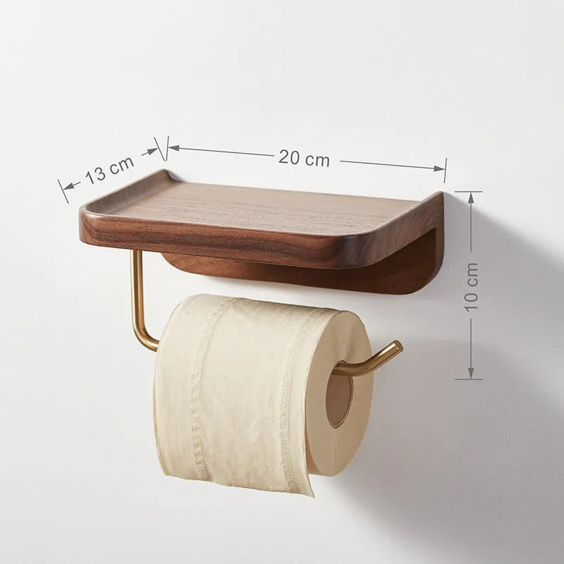 Solid walnut wood wall-mounted paper towel holder with brass accents.