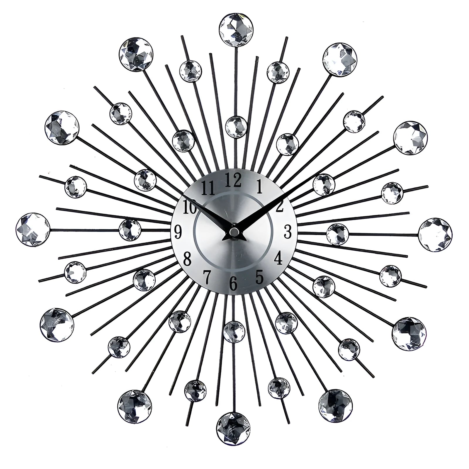 Silver metal round wall clock with 33cm diameter aluminium dial showing pointer time display
