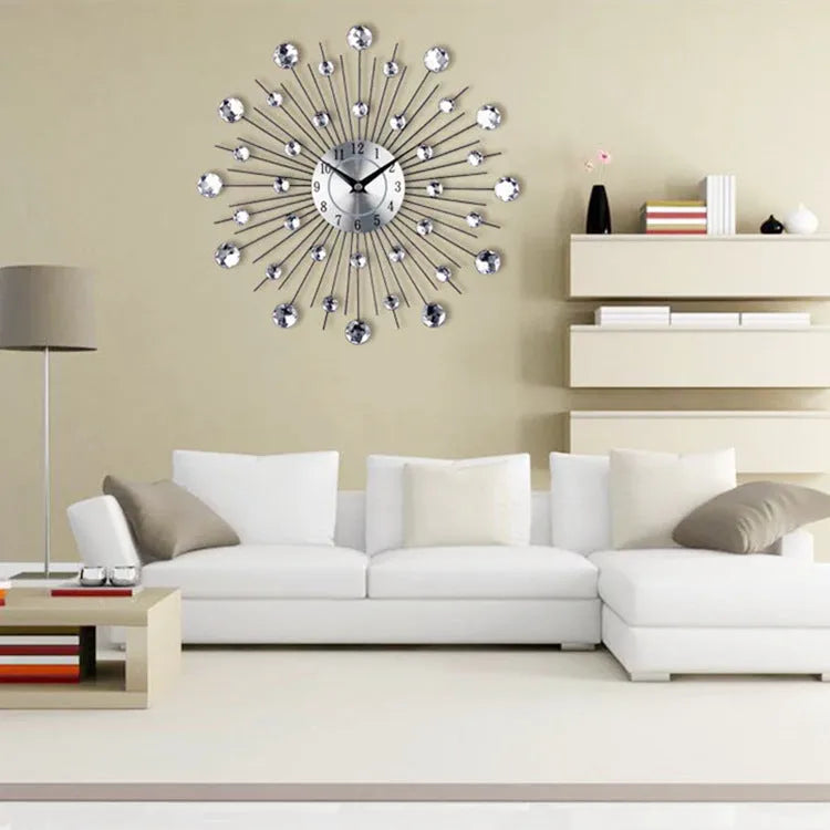 Silver metal round wall clock with 33cm diameter aluminium dial showing pointer time display