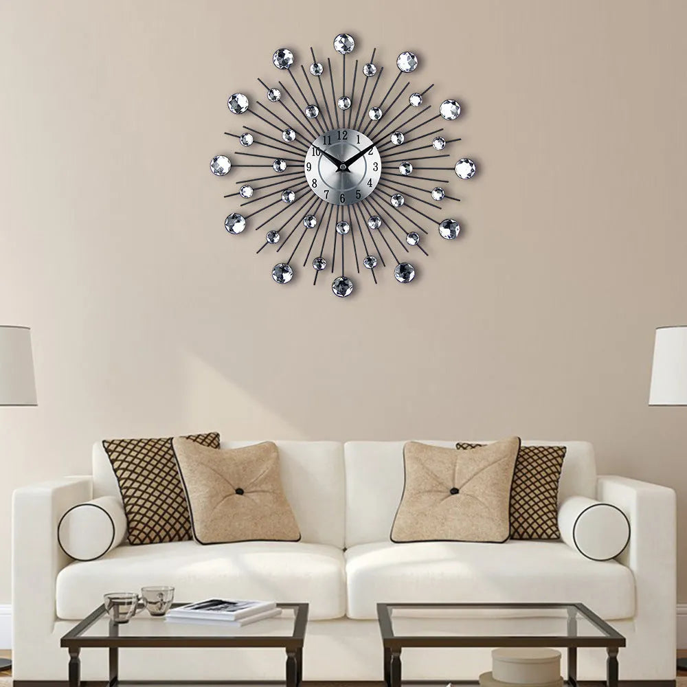Silver metal round wall clock with 33cm diameter aluminium dial showing pointer time display