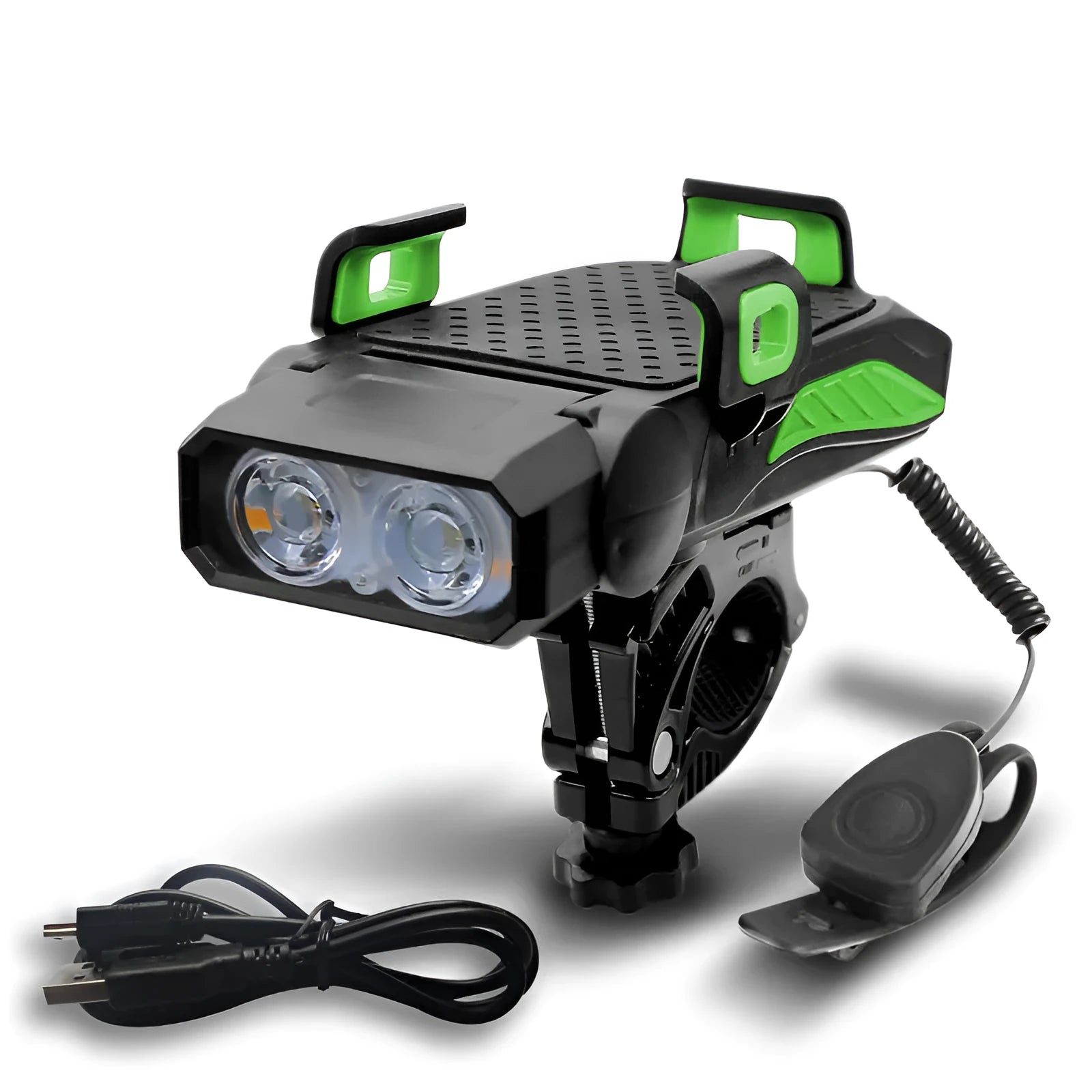 Rechargeable bicycle light shown in black, blue, green, and red colour options