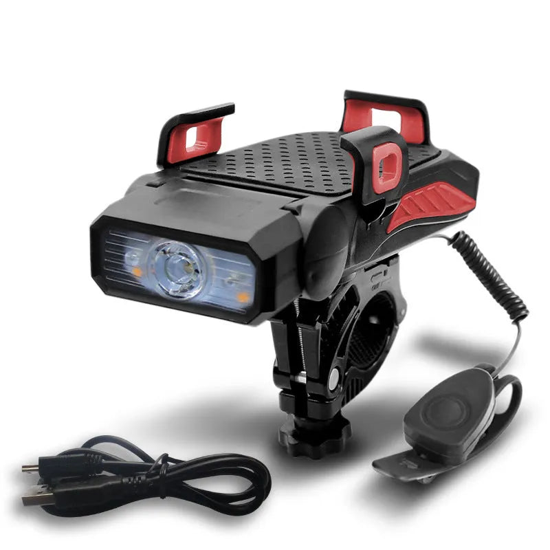 Rechargeable bicycle light shown in black, blue, green, and red colour options