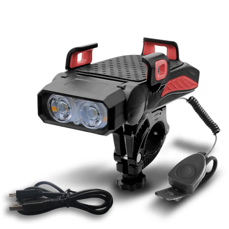 Rechargeable bicycle light shown in black, blue, green, and red colour options