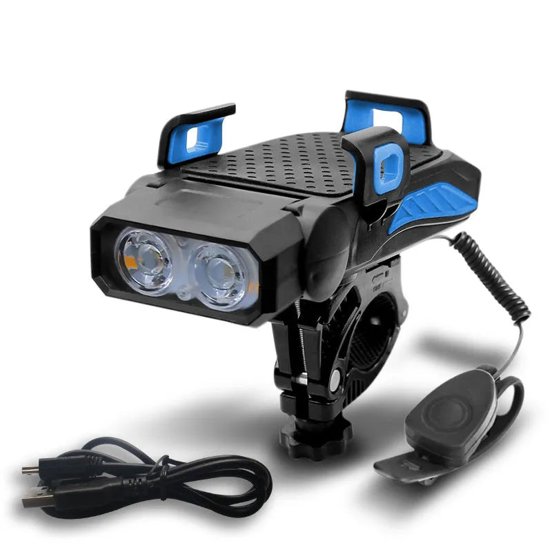 Rechargeable bicycle light shown in black, blue, green, and red colour options