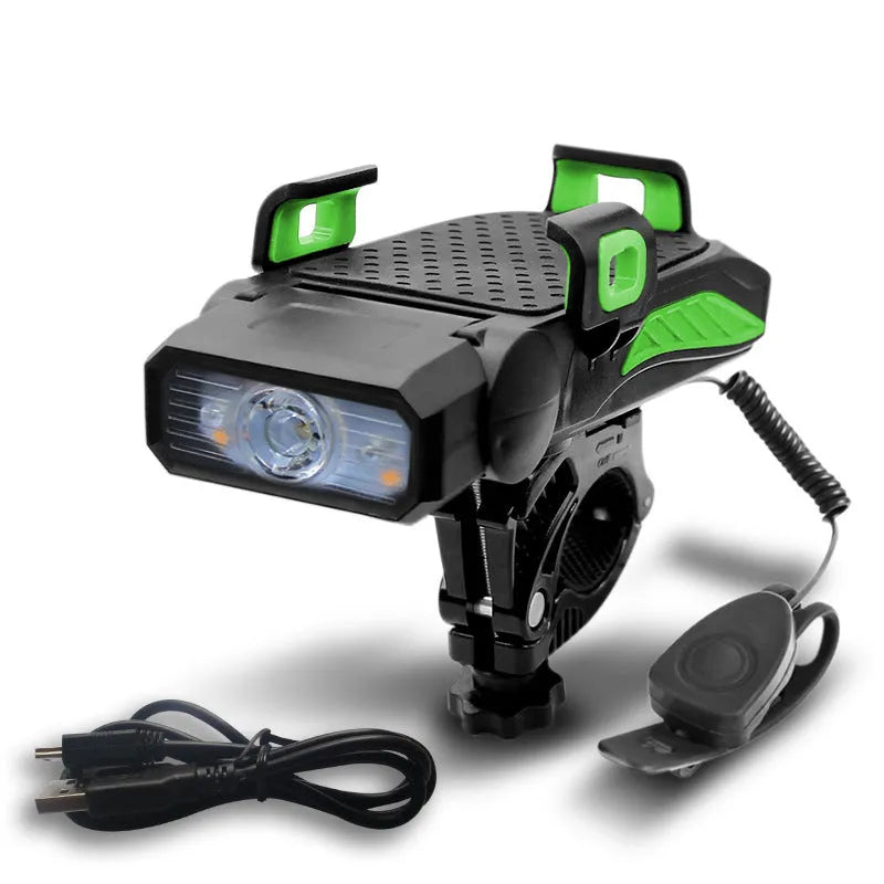 Rechargeable bicycle light shown in black, blue, green, and red colour options