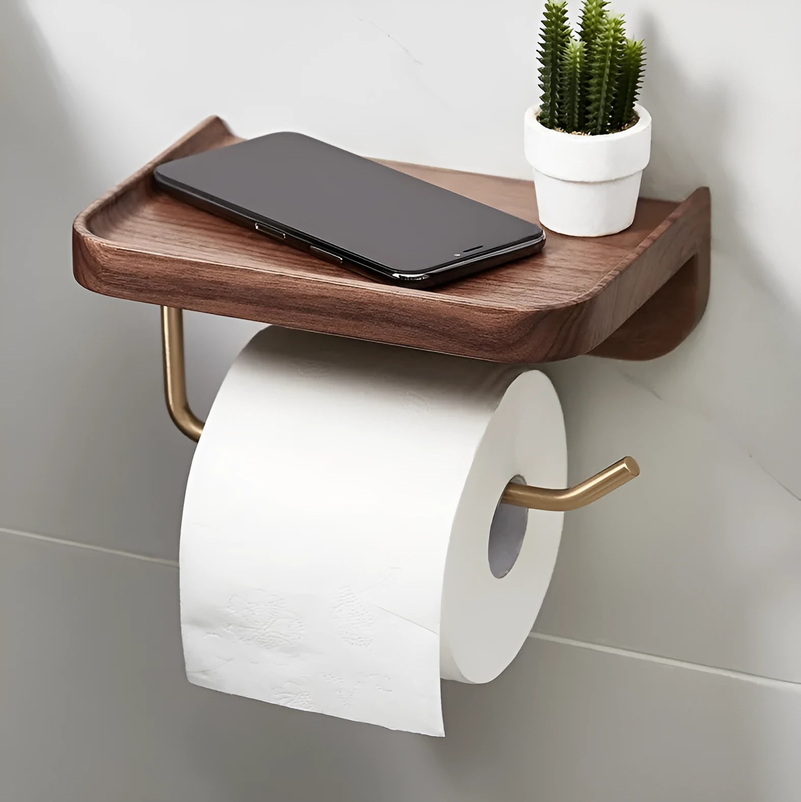 Solid walnut wood wall-mounted paper towel holder with brass accents.