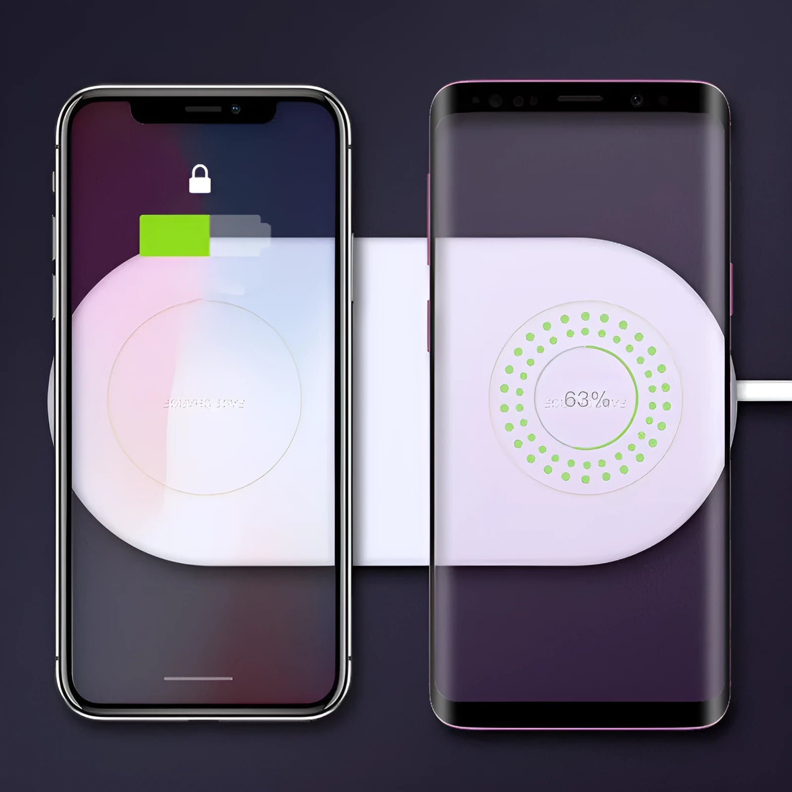 White dual wireless charger for mobile phones showing two devices charging simultaneously