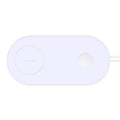 White dual wireless charger for mobile phones showing two devices charging simultaneously