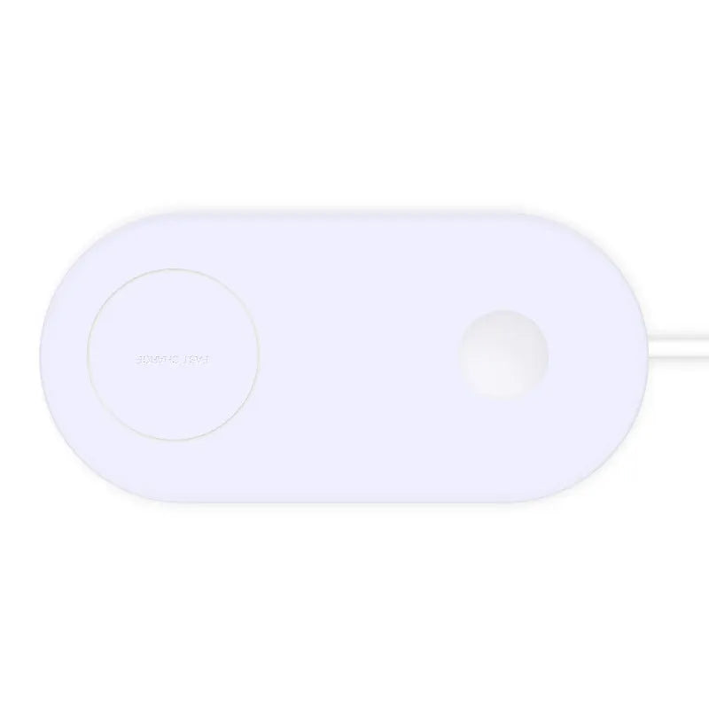 White dual wireless charger for mobile phones showing two devices charging simultaneously