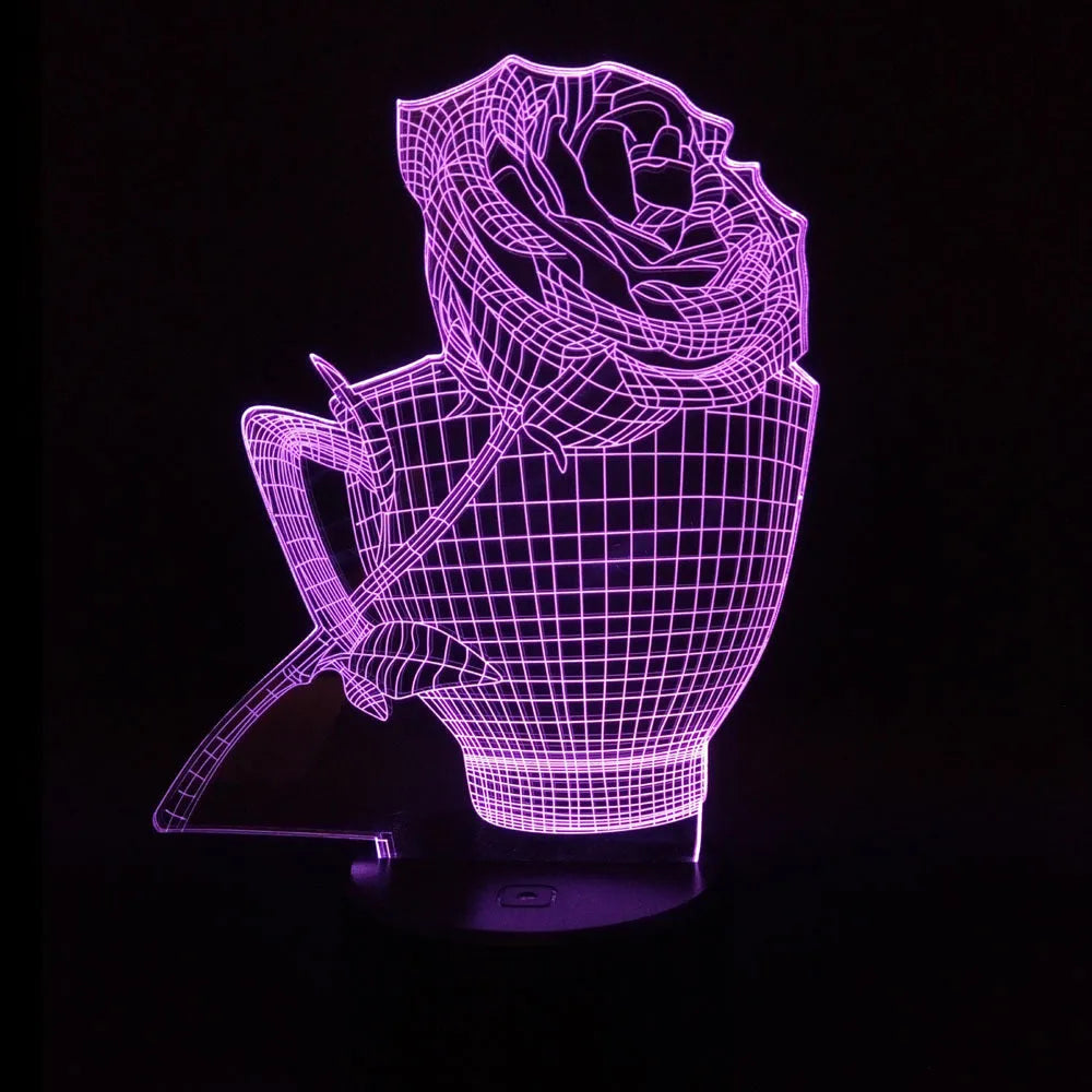 3D rose flower LED night light showing acrylic design on black ABS base, displaying blue colour.