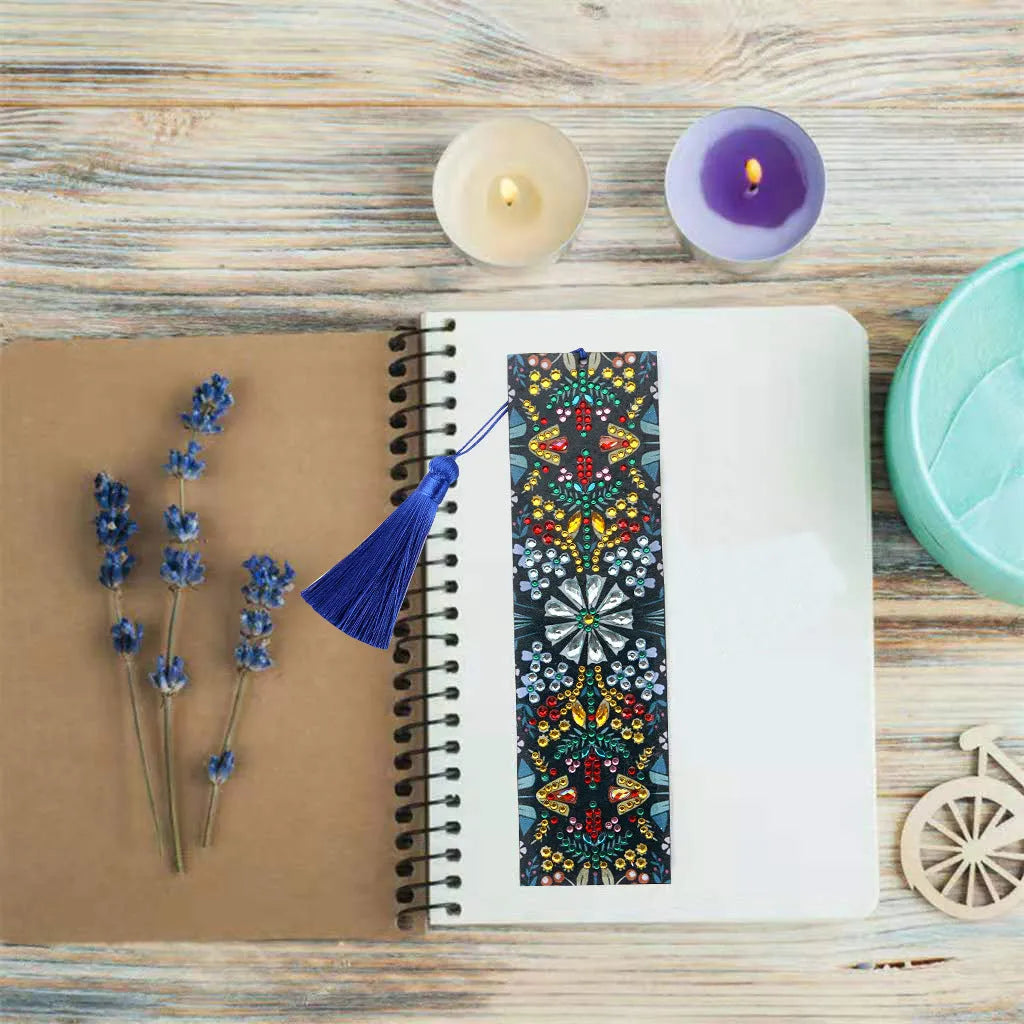 Handmade leather diamond painting bookmark with special-shaped diamonds forming mandala flower pattern