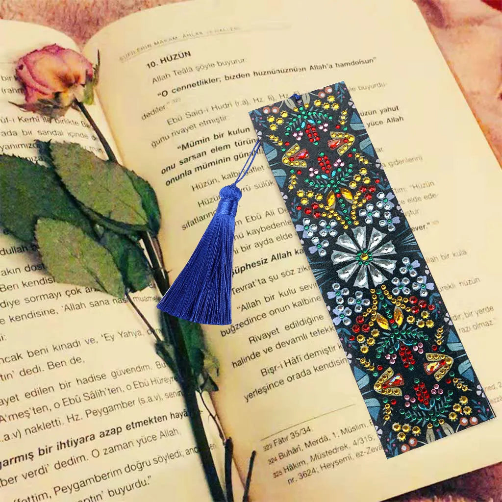 Handmade leather diamond painting bookmark with special-shaped diamonds forming mandala flower pattern