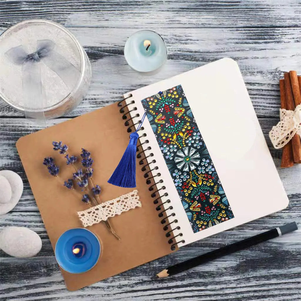 Handmade leather diamond painting bookmark with special-shaped diamonds forming mandala flower pattern