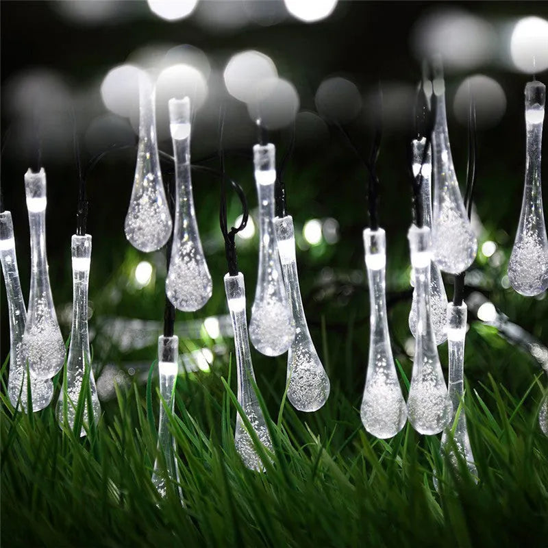 Solar-powered LED outdoor string lights with bubble drop pendants on 6.5 metre cable