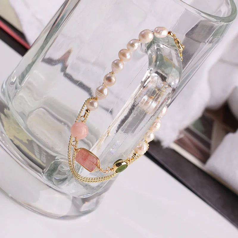 Pink freshwater pearl and strawberry crystal geometric bracelet with individual packaging