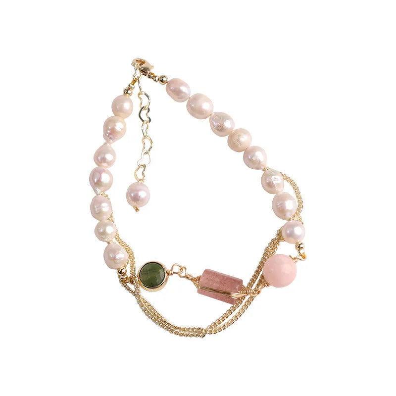 Pink freshwater pearl and strawberry crystal geometric bracelet with individual packaging
