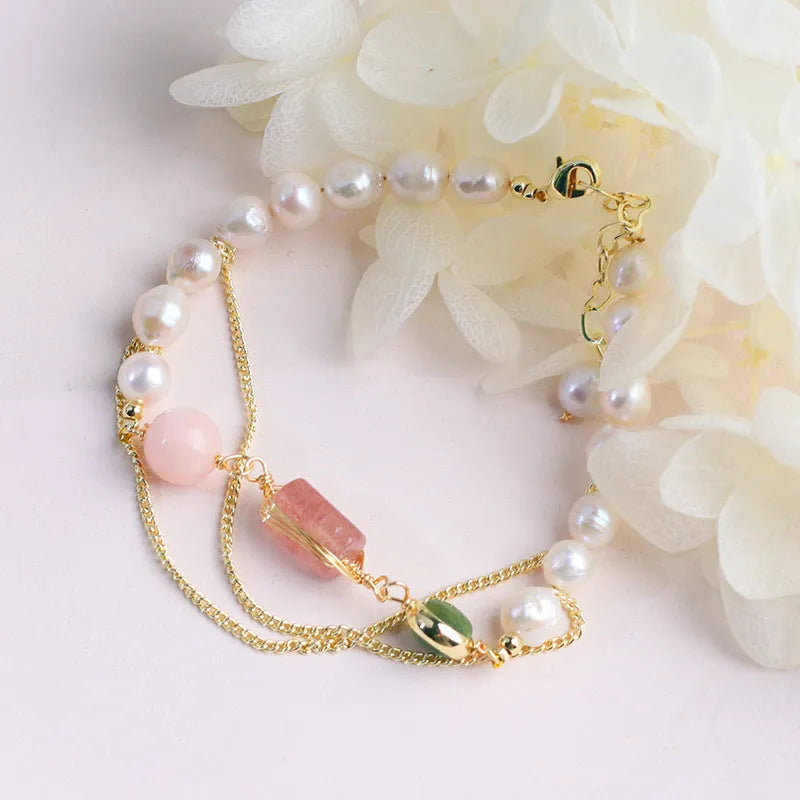 Pink freshwater pearl and strawberry crystal geometric bracelet with individual packaging