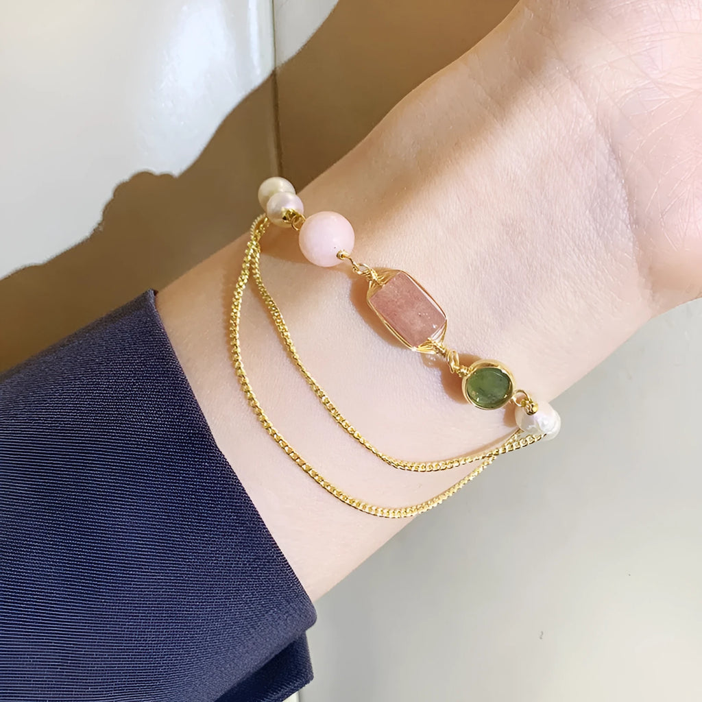 Pink freshwater pearl and strawberry crystal geometric bracelet with individual packaging