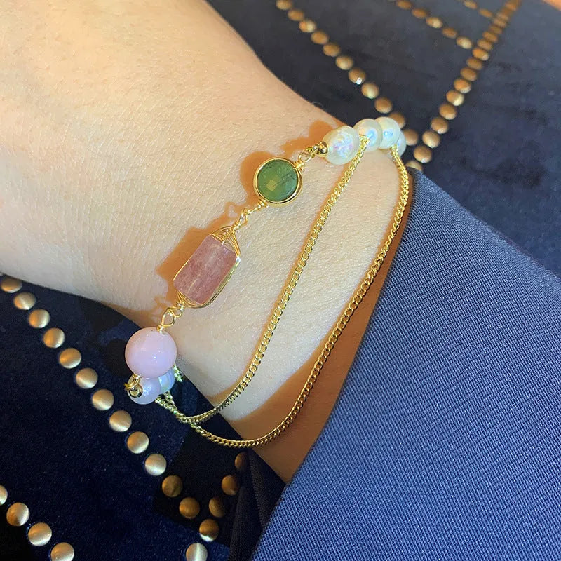 Pink freshwater pearl and strawberry crystal geometric bracelet with individual packaging