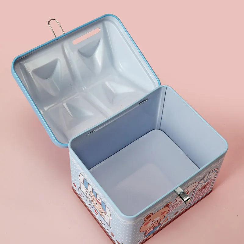 Blue house-shaped tinplate piggy bank for desktop coin storage