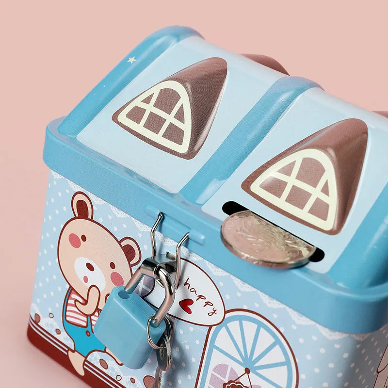 Blue house-shaped tinplate piggy bank for desktop coin storage