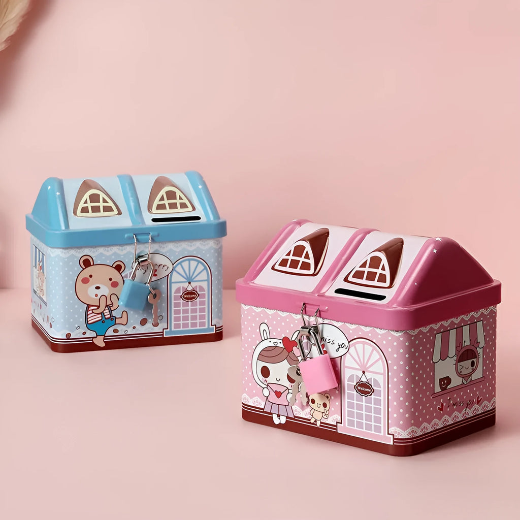 Blue house-shaped tinplate piggy bank for desktop coin storage