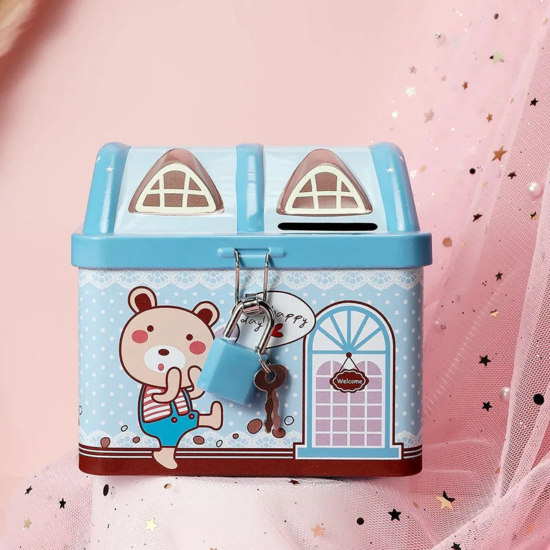 Blue house-shaped tinplate piggy bank for desktop coin storage