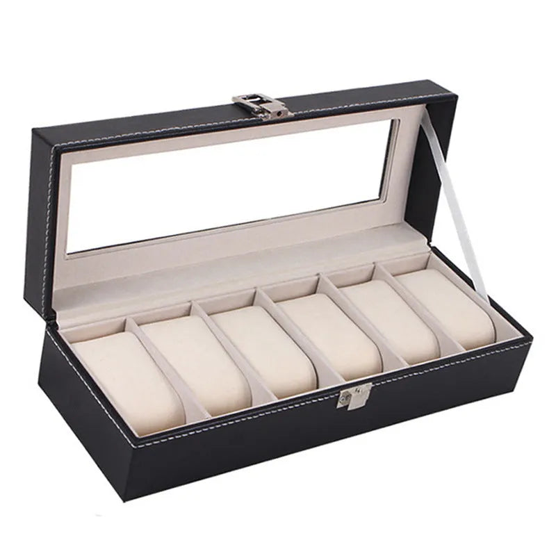 Black wooden watch display box with six watch windows, dimensions 30x11x8cm