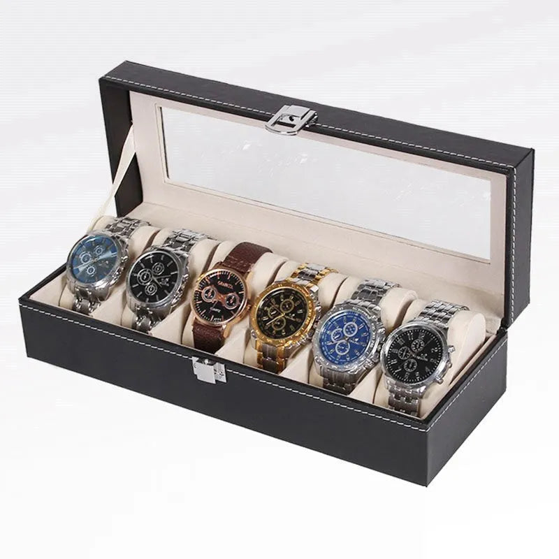Black wooden watch display box with six watch windows, dimensions 30x11x8cm