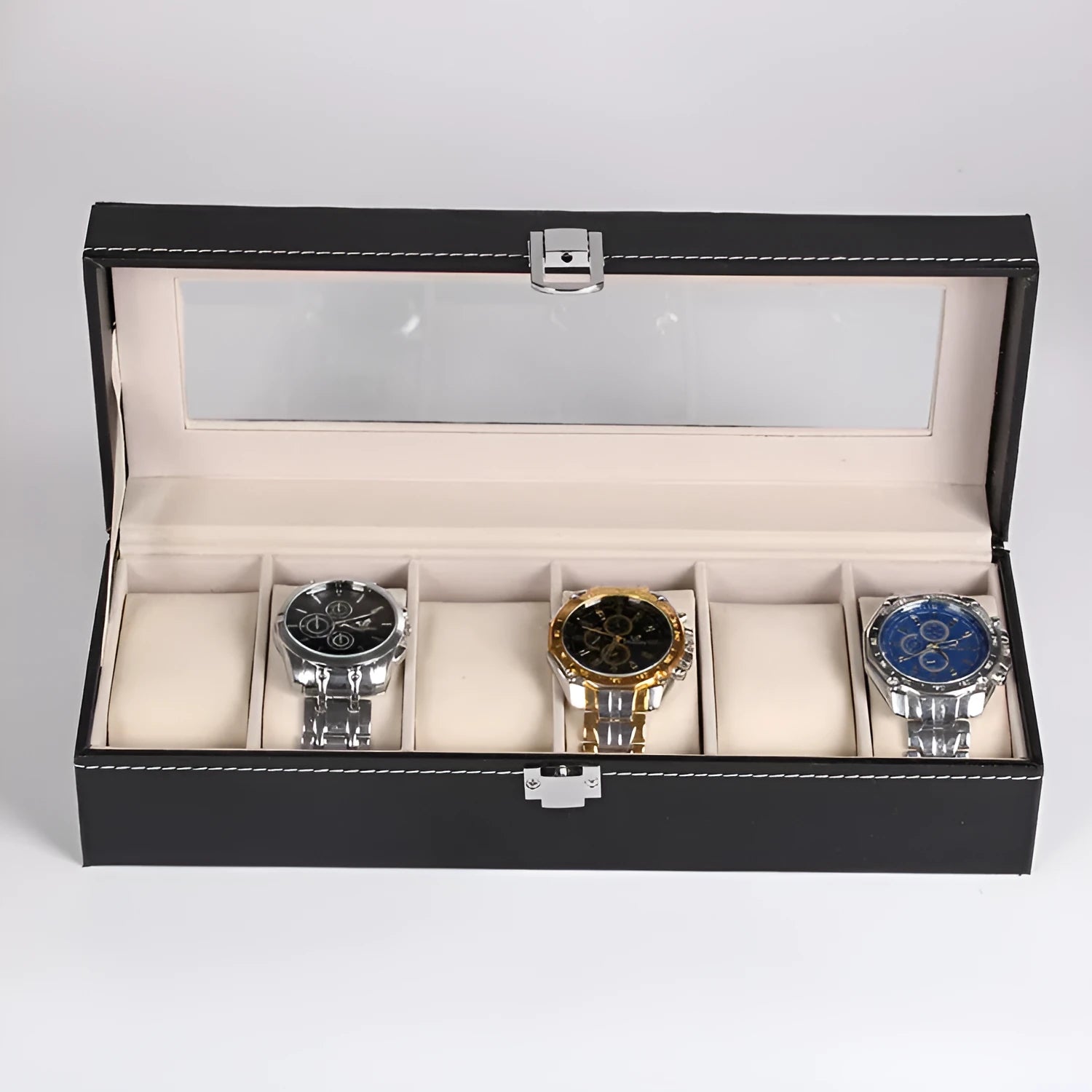 Black wooden watch display box with six watch windows, dimensions 30x11x8cm