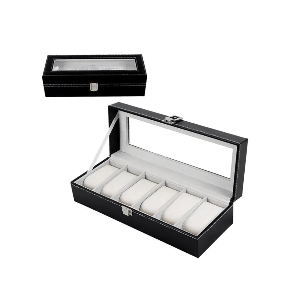 Black wooden watch display box with six watch windows, dimensions 30x11x8cm