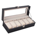 Black wooden watch display box with six watch windows, dimensions 30x11x8cm