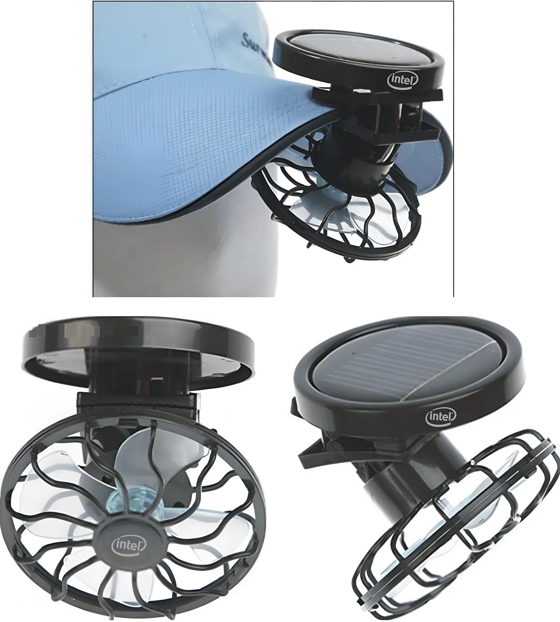 Black solar powered clip-on fan panel for outdoor cooling with rectangular and round bottom design options