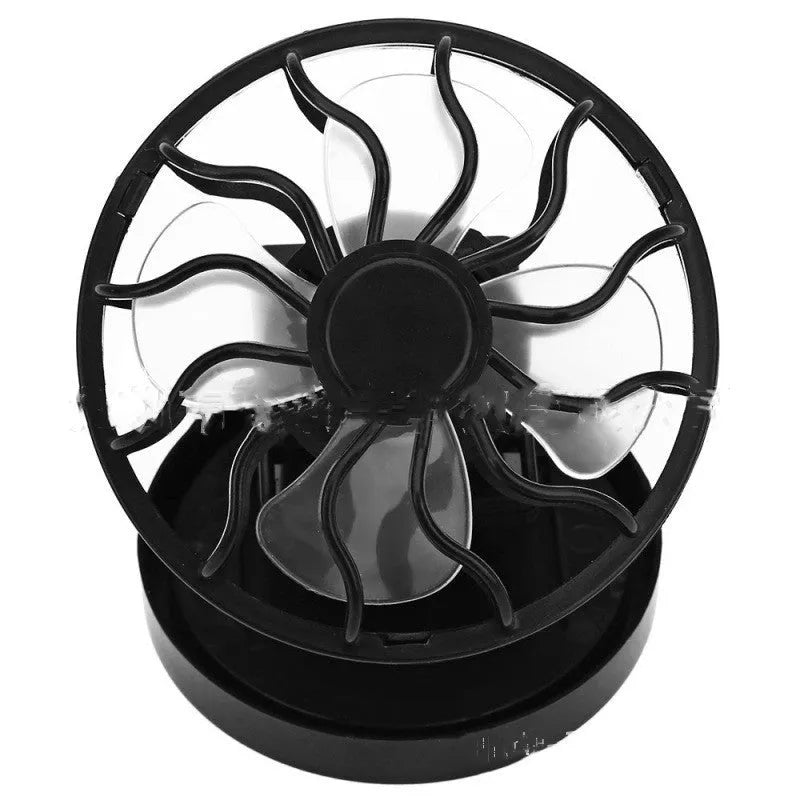 Black solar powered clip-on fan panel for outdoor cooling with rectangular and round bottom design options